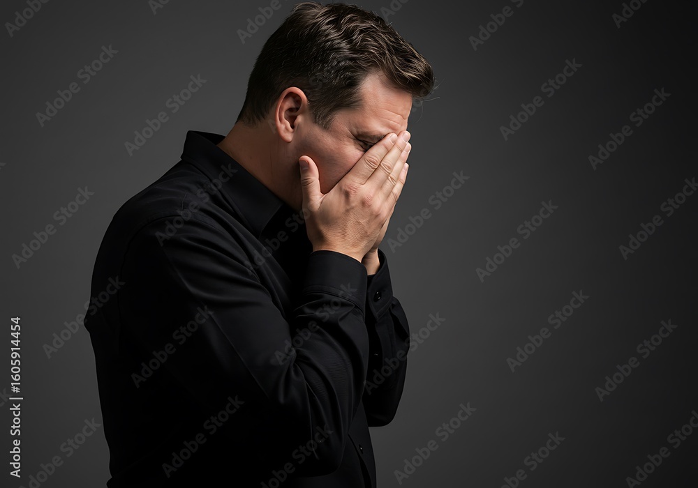 Fototapeta premium Depressed Man Covering Face with Hands Against Gray Background