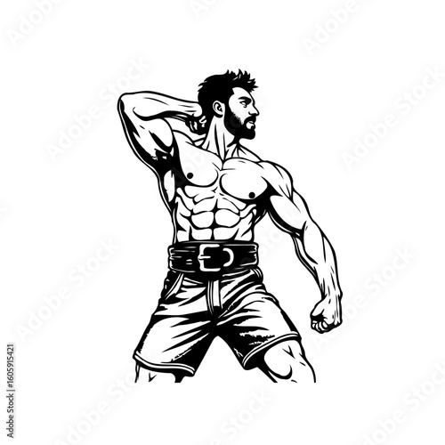 Strong man in a gym poses with a determined expression and showing muscular physique illustration