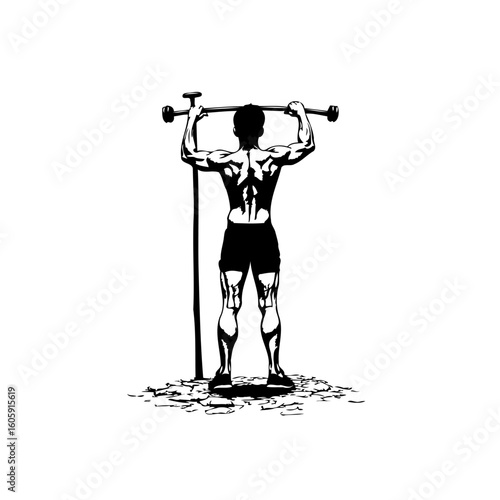 Silhouette of muscular man doing pull ups on outdoor gym equipment showing fitness regime and strength training exercise