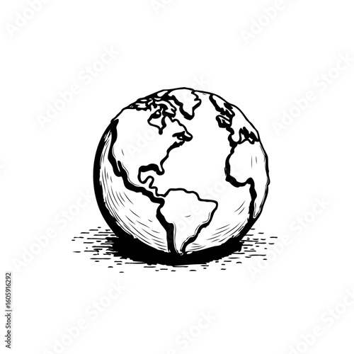 Monochrome earth drawing displaying globe with visible continents creating vintage graphic art illustration