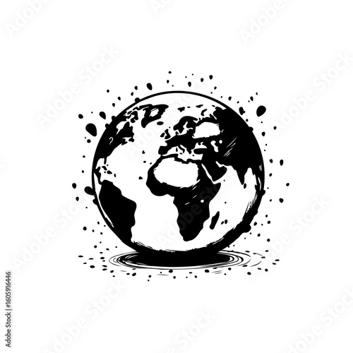 Monochrome world globe illustration with ink splatters evokes global issues and environmental concerns with artistic style