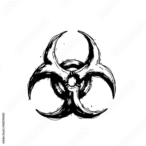 Rough biohazard symbol ink drawing representing danger infection disease isolated against white background simple illustration