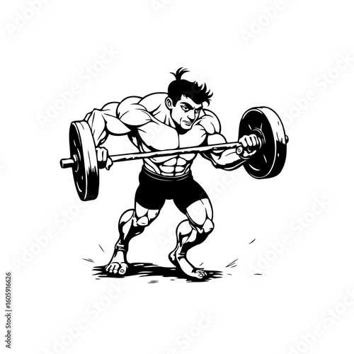 Powerful weightlifter demonstrating strength and muscle definition in bold monochrome design, symbolizing fitness and power