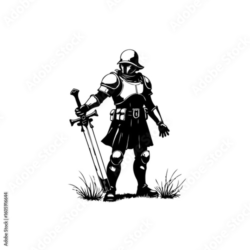 Brave knight in shining armor standing guard with a long sword and determination on battlefield ready