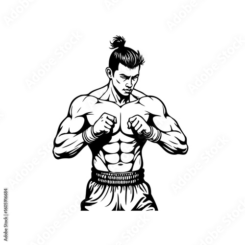 Muscular fighter preparing battle with determined expression ready fight using martial arts posture illustration monochrome drawing shows strength