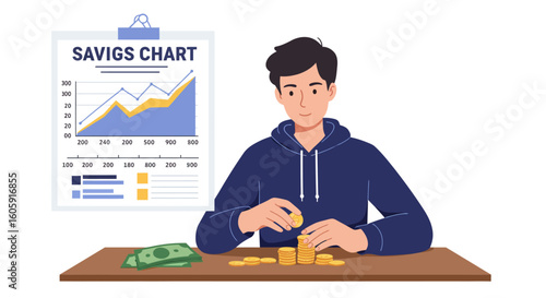 A young man managing his personal finance and savings, stacking coins to track his investment growth with an upward trending chart in the background.