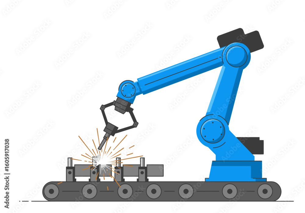 Naklejka premium A blue industrial robot arm welds parts on a conveyor belt