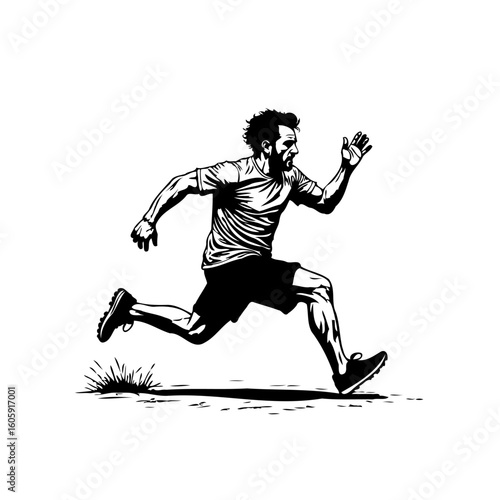 Dynamic monochrome illustration of a determined male runner in full sprint showcasing athleticism and motion perfect for sports related designs