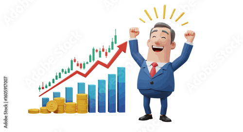 A triumphant 3D businessman celebrates successful investment growth with a rising stock market chart and gold coins on a white background.