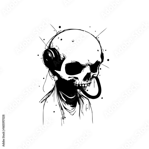 A skull wearing headphones listening to music creates a captivating and unique artistic representation of death, audio and art