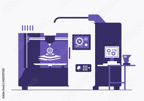 A 3D printer with a computer screen and printed model in purple and white tones