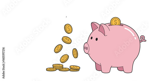 An illustrative concept of financial savings and investment, with gold coins being deposited into a classic pink piggy bank.