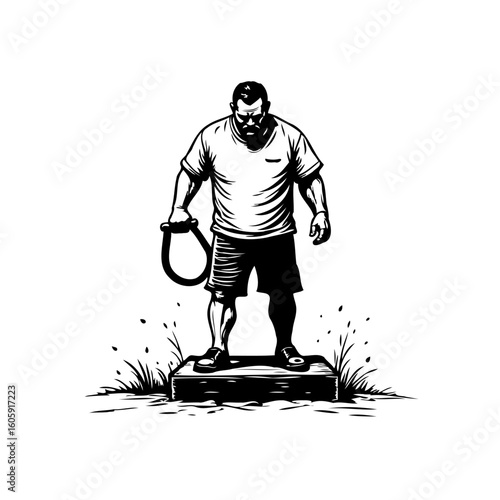 A monochrome illustration depicting a man holding a noose standing on a stone with dramatic shading