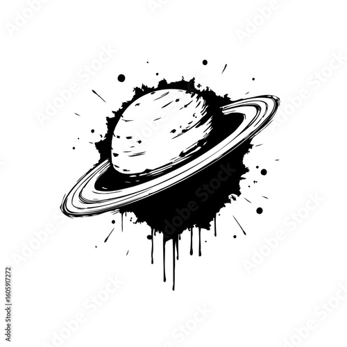 Saturn's monochrome marvel vector artwork of the ringed planet in black and white celestial art with artistic flair
