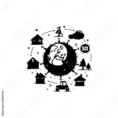 Illustrative representation showcasing diverse living environments rural and urban areas with science intertwined within modern society developments