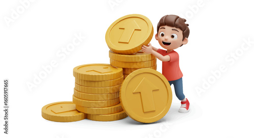 A cheerful 3D cartoon boy stacking large golden currency tokens, a concept for childhood savings, investment, and financial literacy.