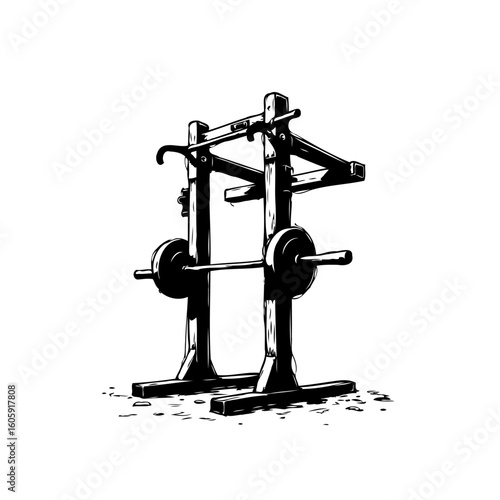 Ink drawing of vintage weightlifting equipment emphasizing strength training workout and fitness culture illustration