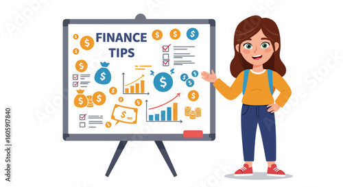 A young woman presenting financial literacy tips on a whiteboard, explaining investment growth, savings, and money management with charts and infographics.