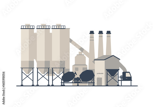 A flat stylized illustration depicts a concrete factory with silos smokestacks mixers and a delivery truck