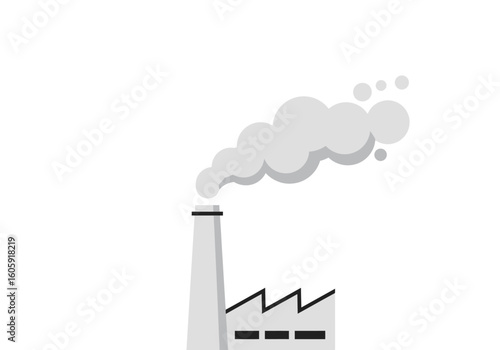 A gray factory with a tall smokestack emitting pollution on a white background