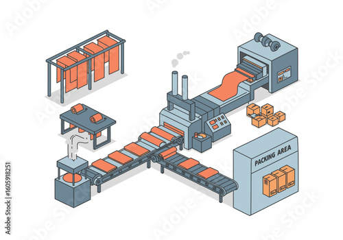 A factory assembly line with orange materials blue machinery and a packing area