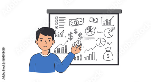 A young financial advisor presents a comprehensive business strategy, using a screen with various charts and graphs to illustrate investment growth.