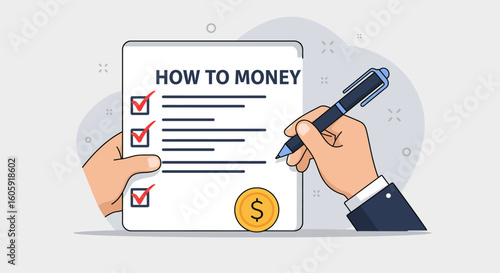 Illustration of a person completing a financial planning checklist titled 'How to Money' with a coin, symbolizing wealth management and investment strategy.