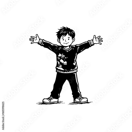 Happy little boy with open arms drawing, concept of joy, freedom and positivity and welcoming
