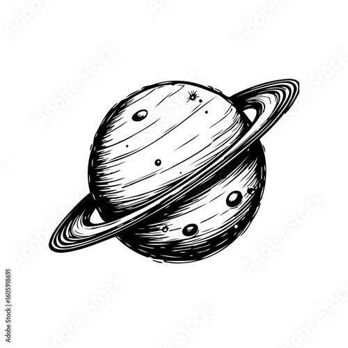 Detailed black and white vector illustration of saturn planet with its iconic rings in orbit space