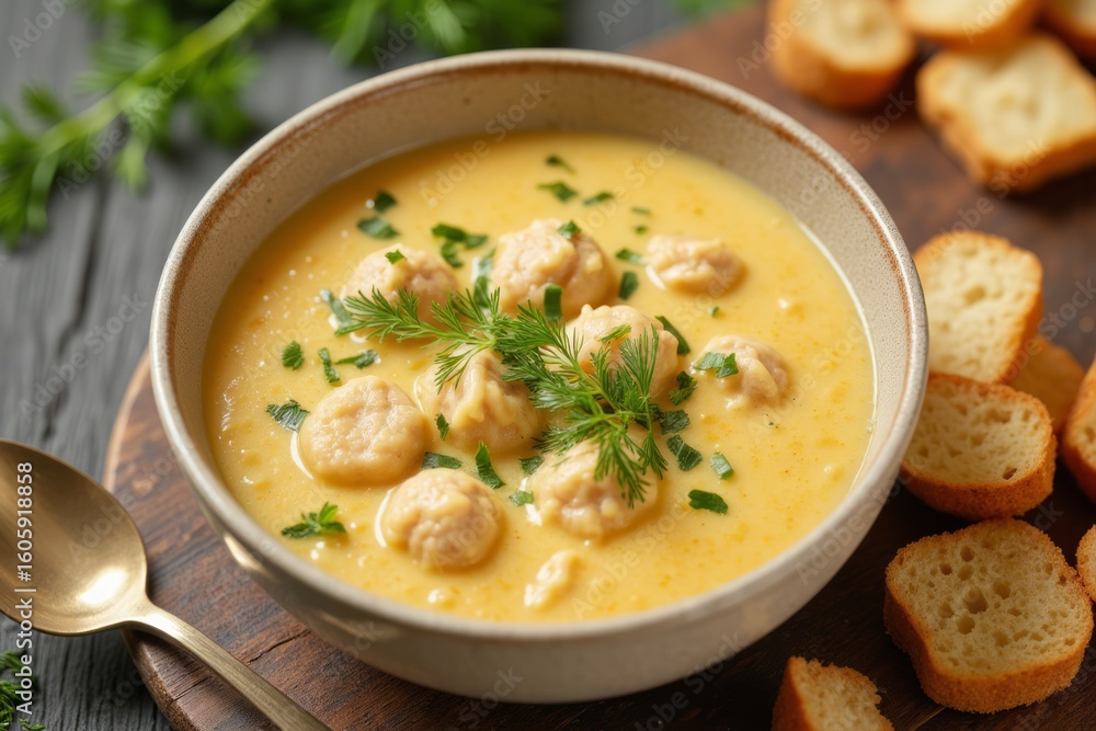 Creamy soup with meatball garnish. Creamy soup with meatball garnish.