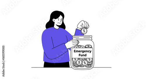 Woman Deposits Coins into Jar Labeled Emergency Fund, Illustrating Financial Preparedness and Savings Habits