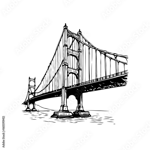 Golden gate bridge ink sketch drawing illustration san francisco landmark travel destination architecture american icon with water