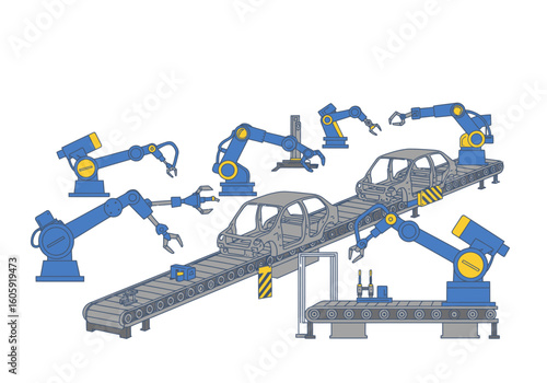 A stylized automotive assembly line with robots building car bodies