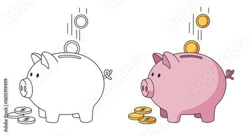 A pink piggy bank and a line art version with gold coins, symbolizing personal finance, savings, and economic concepts.