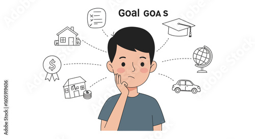 Pensive young person visualizes life goals homeownership, education, finances, travel, depicted with modern, digitally precise illustrative clarity.