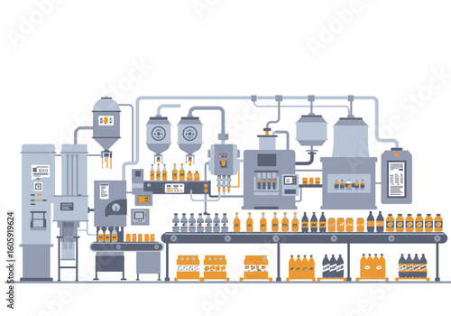 A stylized illustration of a bottling plant assembly line with pipes and machines
