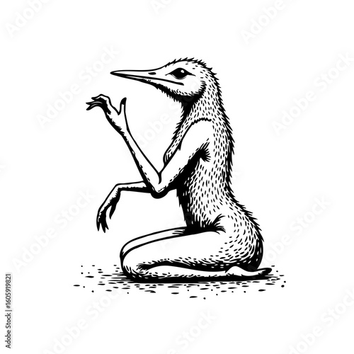 Monochrome mythical creature artwork displaying a unique fusion of human and avian elements kneeling on ground