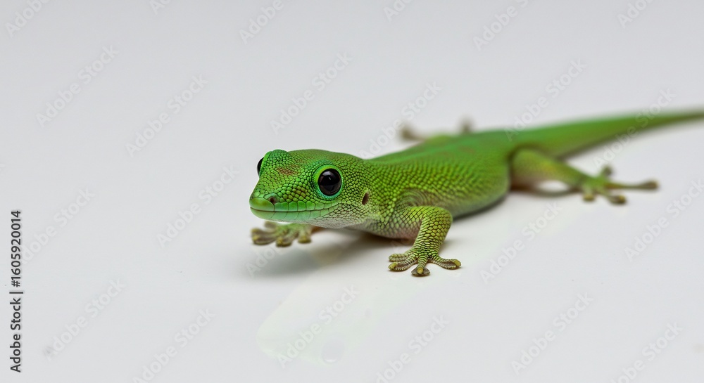 Fototapeta premium Brightly lit green gecko crawls slowly across white background. AI Generated