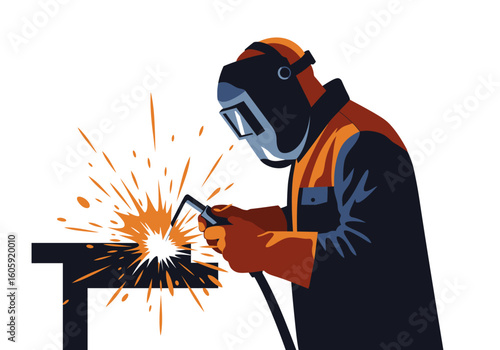 A welder wearing a mask welds metal with sparks flying