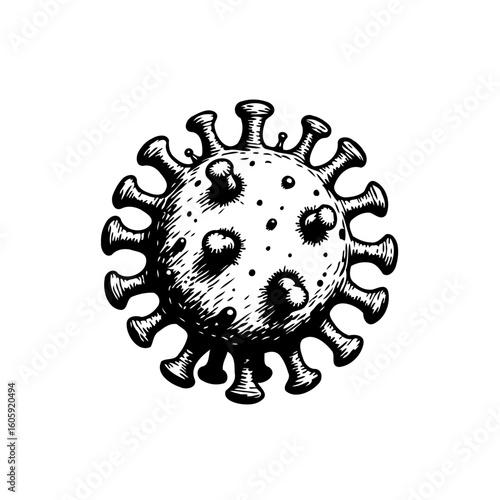 Detailed hand drawn illustration showcasing the structure of a virus with spike proteins isolated on white