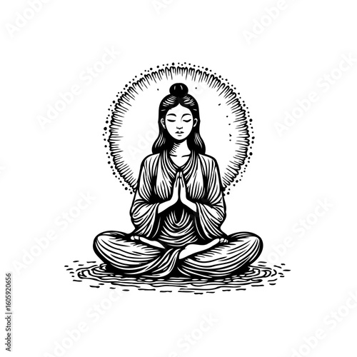 Illustration of a serene woman meditating in lotus position with radiating aura, a symbol of enlightenment