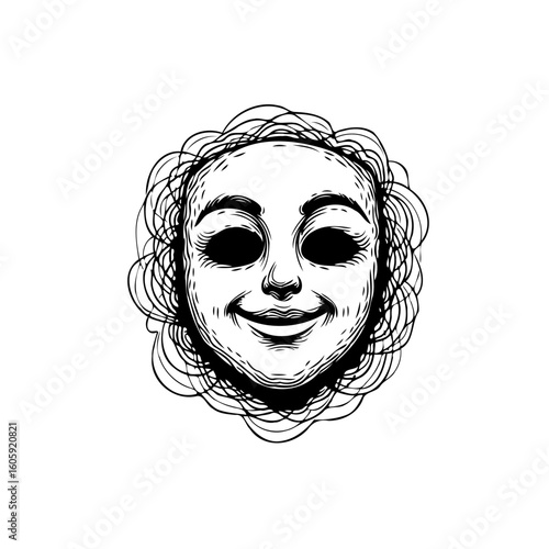 Eerie engraving of a face mask expressing sinister joy and unsettling serenity in darkness