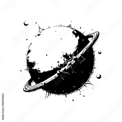 A black and white depiction of a celestial body with rings in an artistic style