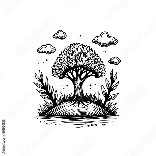 Serene arboreal vista: a stylized tree standing gracefully beneath fluffy clouds with flourishing foliage