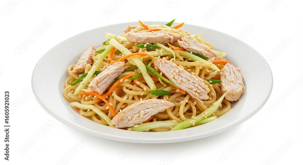 Delicious chicken noodle salad brightly lit. AI Generated Delicious chicken noodle salad brightly lit. AI Generated