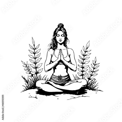 Illustration of a woman meditating in a serene lotus position surrounded by nature's beauty and tranquility