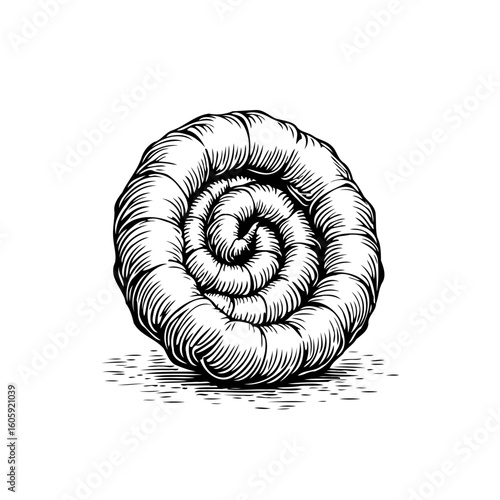 Detailed engraved illustration of a spiral pastry roll food item on a white background art