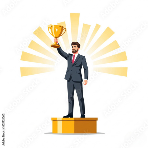 a young man in a business suit with a winner's cup in his hand, standing on a golden pedestal in the rays of glory.