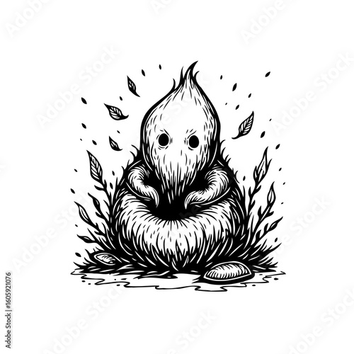 Whimsical woodland spirit illustration featuring a unique creature surrounded by foliage in monochrome design concept illustration