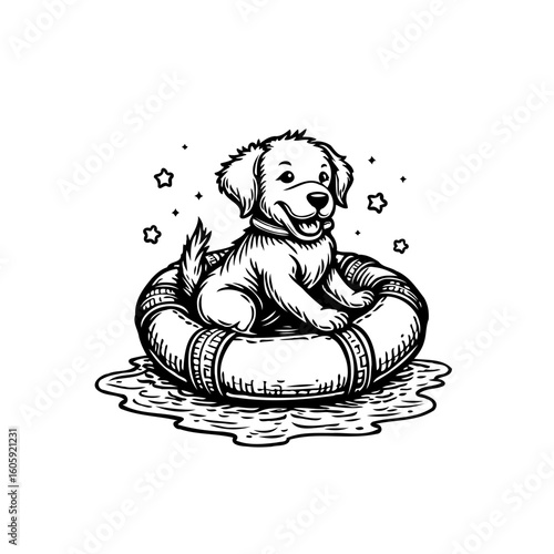 Adorable puppy relaxing in a floating life preserver enjoying playtime at the pool illustration vector
